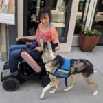 Woman in wheelchair with collie service dog walking next to her.